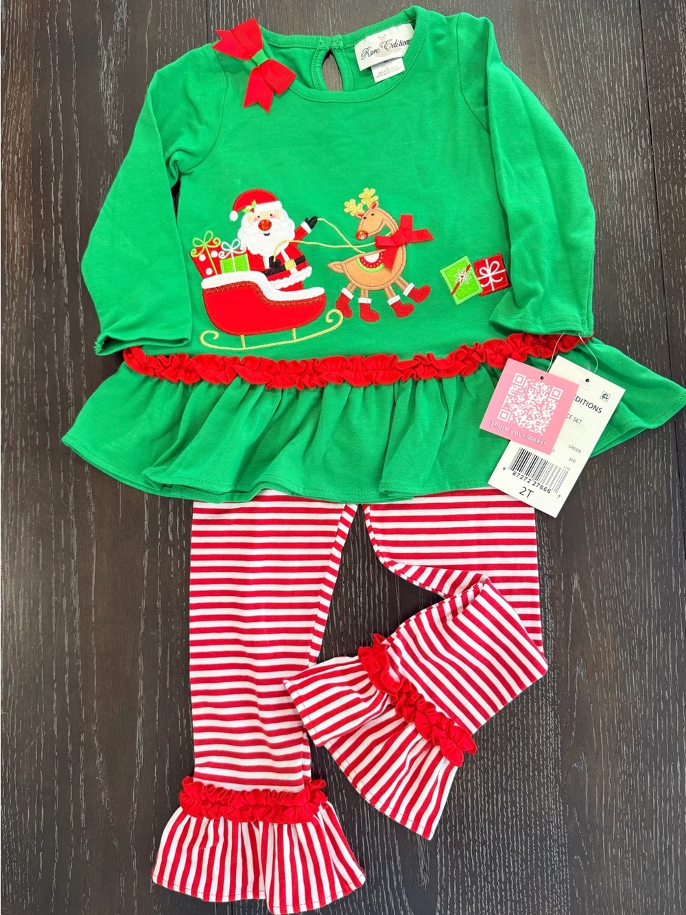 Rare Editions Green & Red Santa Reindeer Holiday Pajama Set